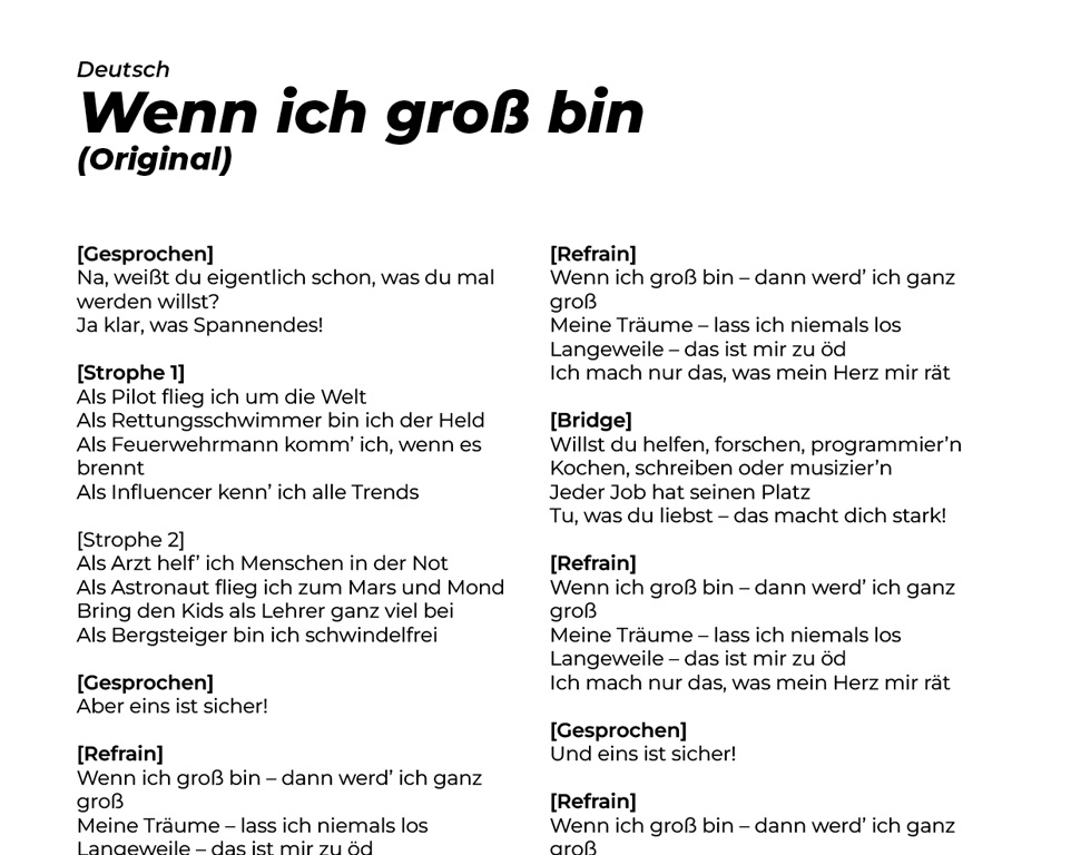 Wenn ich gross bin Songtext 